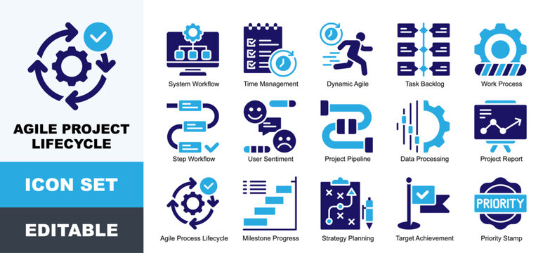 Agile Project Lifecycle icon set. Vector symbols for Agile, Business, Management, Milestone, Process, Progress, Project, Strategy, Task, Workflow