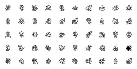Fototapeta premium Tropical flower design icon set. Minimal line vector icons pack. Featuring sunflower, tropical flowers, floral elements and more. Editable stroke.