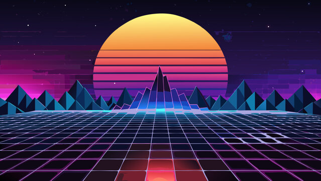 80s retro futurism synthwave landscape with neon sun synthwave retrowave landscape eighties aesthetic mountains perspective background illustration abstract colorful nostalgia technology