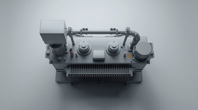 Top-down view of a detailed industrial electrical transformer on a white surface.