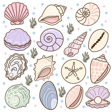Cute sea shells collection with scallop conch cowrie oyster and marine species in kawaii cartoon style