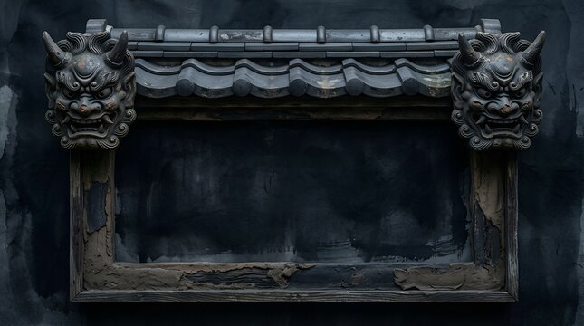 Onigawara Demon Roof Tile Frame - Dark Ink Background