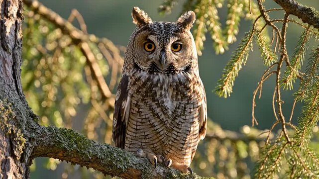 Long eared owl perched on tree branch in nature with good light in the morning