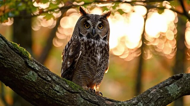 Long eared owl resting on a branch in a tree during the golden hour light in a forest setting