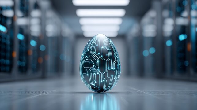 A Futuristic Ceramic Egg with Intricate Circuit Designs Reflecting Advanced Technology in a Modern Digital Environment