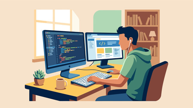 Flat vector illustration of a young man coding on dual monitors in a home office, including a desk, keyboard, mouse, bookshelf, window, and coffee mug, representing adult education.