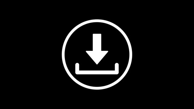 White minimalist download icon animation, bouncing arrow pointing down in circle, user interface progress symbol, motion graphic isolated on black background, web element.
