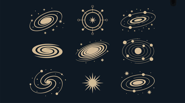 A set of nine minimalist galaxy and spiral nebula icons in gold on a dark blue space background