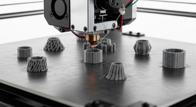 3 d printer printing small objects on a flat surface in modern production