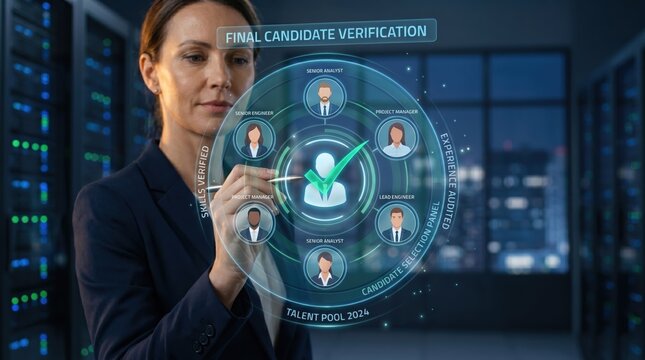 Human resources specialist verifying candidate profiles on futuristic circular interface, selecting talent from pool with skills audit and experience checks in server room.