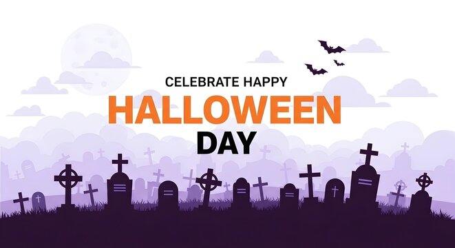 Celebrate happy halloween day illustration with tombstones in a graveyard under a full moon and bats
