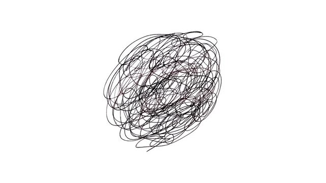 Black hand drawn scribble animation, messy tangled line doodle on white background, confusion and chaos concept, mental health anxiety symbol, isolated motion graphic.
