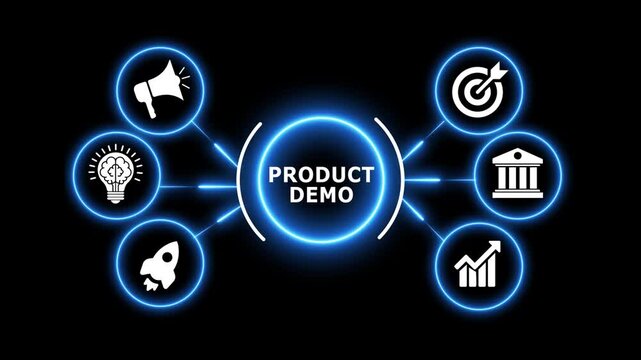 Product demo concept animation with digital business icons in neon blue glow.