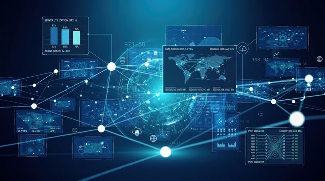 Global network connection visualization with world map and data charts, big data analytics