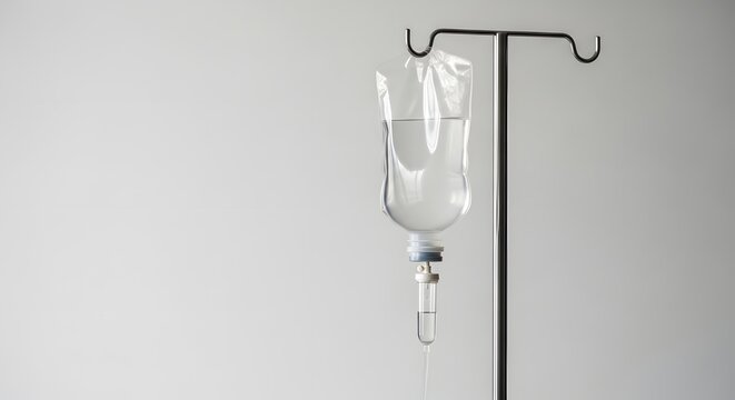 Intravenous drip bag with saline solution hanging on a stand in a hospital room, symbolizing medical treatment and care.