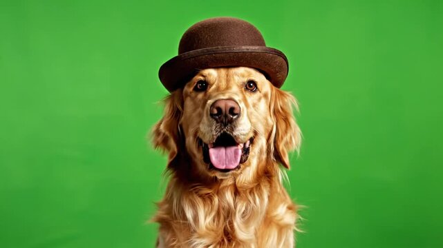 Golden retriever wearing a hat looks curiously at the camera in a green background setting