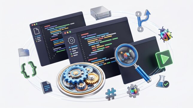Software development coding programming technology concept with screens code editor debug testing deployment server cloud computing digital innovation tech industry modern