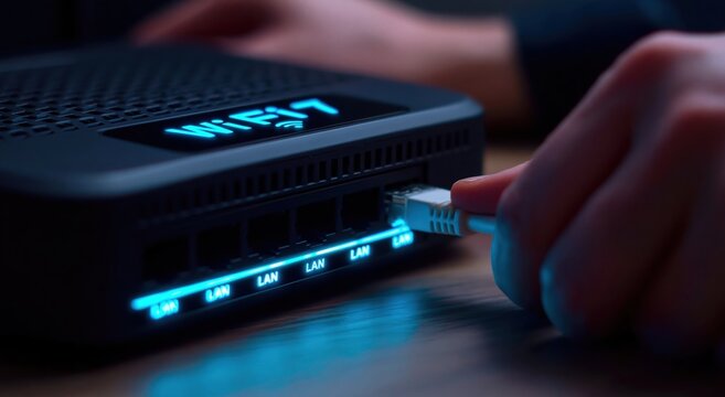 Router connecting ethernet cable to high speed wifi network for internet broadband