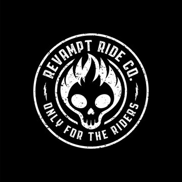 Revampt Ride Co Flaming Skull Motorcycle Emblem with Distressed Vintage Rider Badge Design