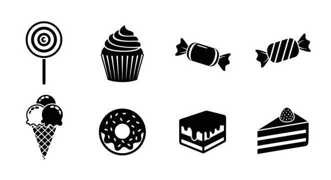 Sweet Treats Icons: Lollipop, Cupcake, Candy, Ice Cream, Donut, Cake Slice