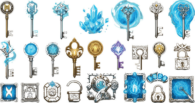 Magical fantasy RPG keys and glowing crystal lock icons set featuring arcane frost energy elements for video game development asset kits