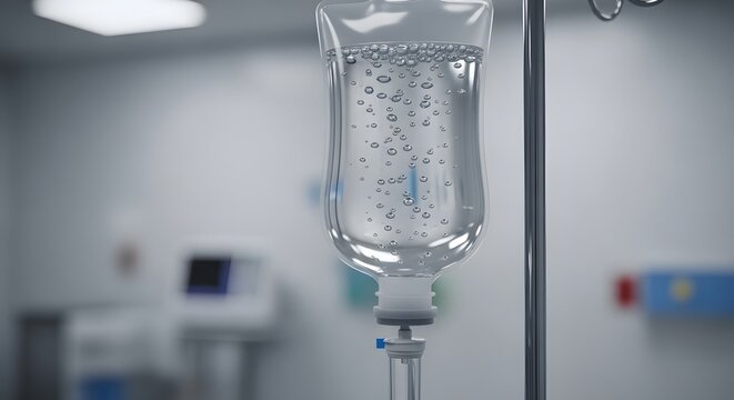 Close-up of an IV drip bag with saline solution in a hospital room, symbolizing medical treatment and healthcare.