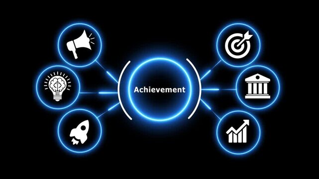 Business achievement concept animation with neon icons and glowing blue light.