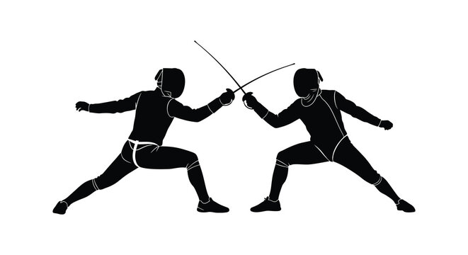 Fencing duel between two athletes in action silhouette