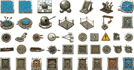  Medieval dungeon mechanical traps and floor plates set featuring stone doors levers and obstacles for video game map design asset kits © AntarChandra