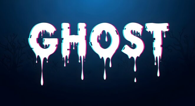 Ghost text design with glitch effect and dripping letters on a dark blue background with spooky trees