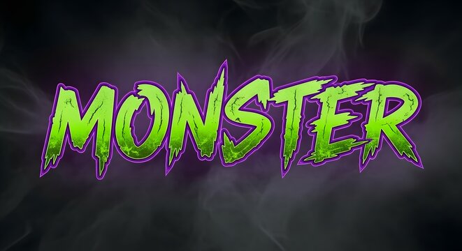 Monster text effect with slime texture and spooky smoke background