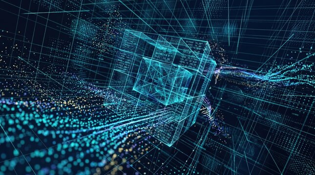 Abstract futuristic digital data cube with glowing blue grid lines and binary code, representing blockchain technology, cybersecurity