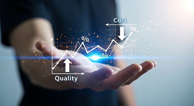 Business growth concept with rising quality and decreasing cost graph