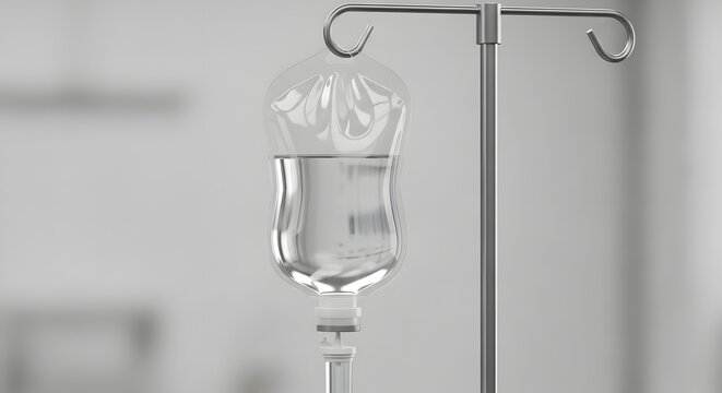 Intravenous drip bag with saline solution hanging on a medical stand in a hospital setting, symbolizing healthcare and treatment.