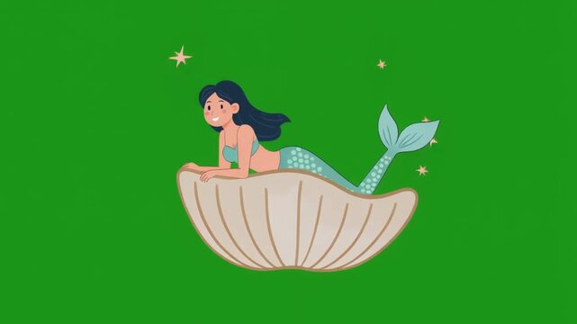 Cute cartoon mermaid sitting inside a large seashell isolated on a solid green screen chroma key background.