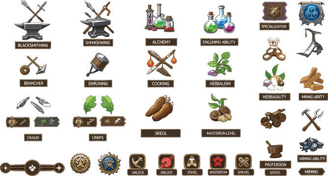 Medieval RPG game crafting and profession vector icons set featuring blacksmith alchemy cooking and herbalism graphics for mobile fantasy user interface design layouts