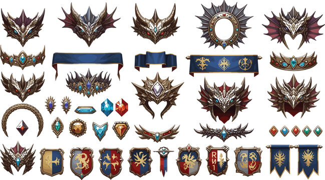  Medieval fantasy rank frames and heraldic shield vector icons set featuring dragon crests and user interface banners for mobile game design layouts