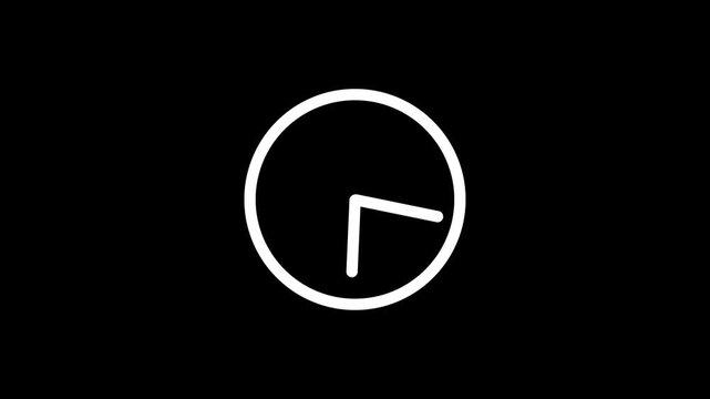 Minimalist white clock icon animation, rotating hands on black background, time passing concept, deadline indicator, 2d flat motion graphic, productivity symbol, high contrast.
