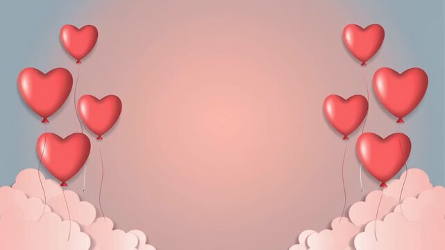 Floating red heart shaped balloons on a soft pastel pink background with clouds.