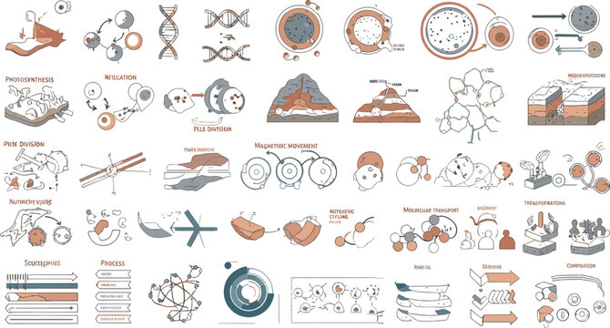 Microbiology and biology science infographic vector elements set featuring DNA strands cells and molecular diagrams for educational textbooks and scientific publishing layouts