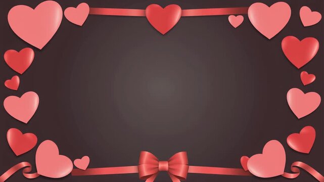 A romantic dark background featuring a border of pink and red hearts with a decorative ribbon and bow.