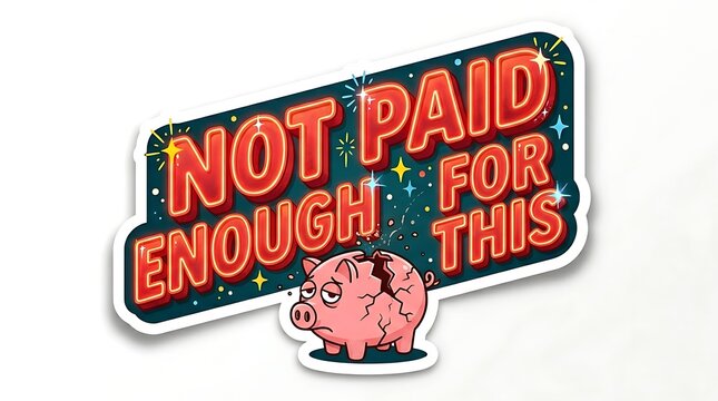 Not Paid Enough Pig Sticker: A comical sticker featuring a grumpy, cracked piggy bank under the bold text NOT PAID ENOUGH FOR THIS, conveying a message of dissatisfaction with compensation.