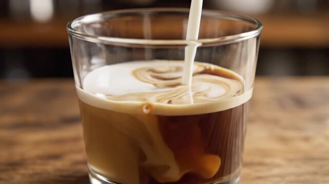 Pouring milk into coffee in super slow motion at a cafe capturing every detail