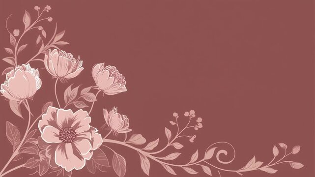 Elegant floral background with hand drawn flowers on a dusty rose pink surface.