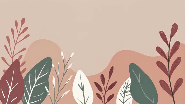 Abstract botanical background with hand drawn leaves and organic shapes in earthy tones.