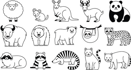 Obraz premium Set of fifteen cute wild animals in a simple black and white line art vector illustration style