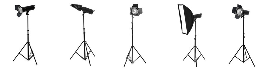 Professional studio lighting equipment collection with various photography lights and stands for creative production, this assortment includes different types of lights such as strobes, softboxes © Pixel-Shot