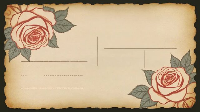 Vintage postcard template with decorative rose illustrations and writing lines on aged paper background.