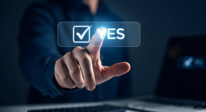 Businessman touching virtual yes button for approval and agreement