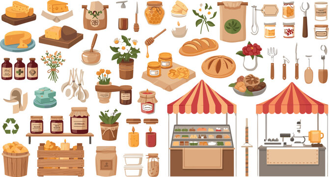 Organic farmers market stall and local food production icons set featuring homemade cheese bread honey jars and wooden crates for agricultural marketing material